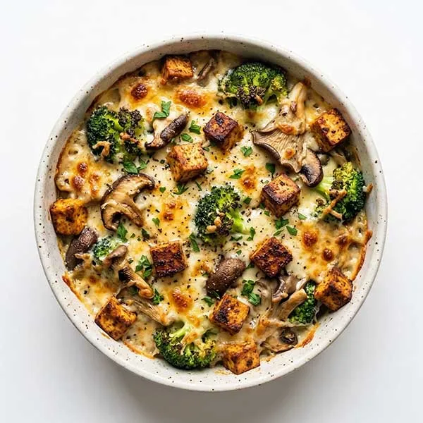 Cheesy Wild Mushroom and Broccoli Gratin with Cajun Tofu